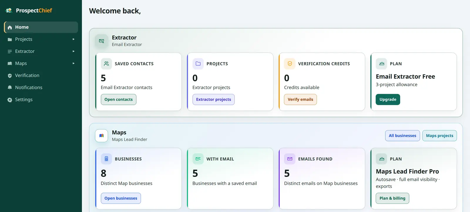 ProspectChief dashboard home with the product navigation — Home, Projects, Extractor, Maps, Verification, Notifications, Settings — and workspace summary cards.
