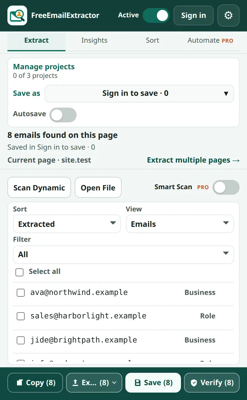 Free Email Extractor popup: Extract tab showing eight emails found on the current page with Copy, Export, Save and Verify actions.