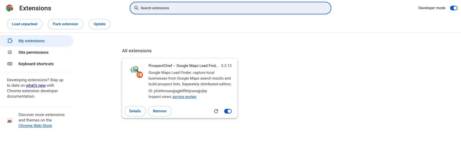 chrome://extensions with Developer mode switched on in the top right and the Load unpacked, Pack extension and Update buttons visible.