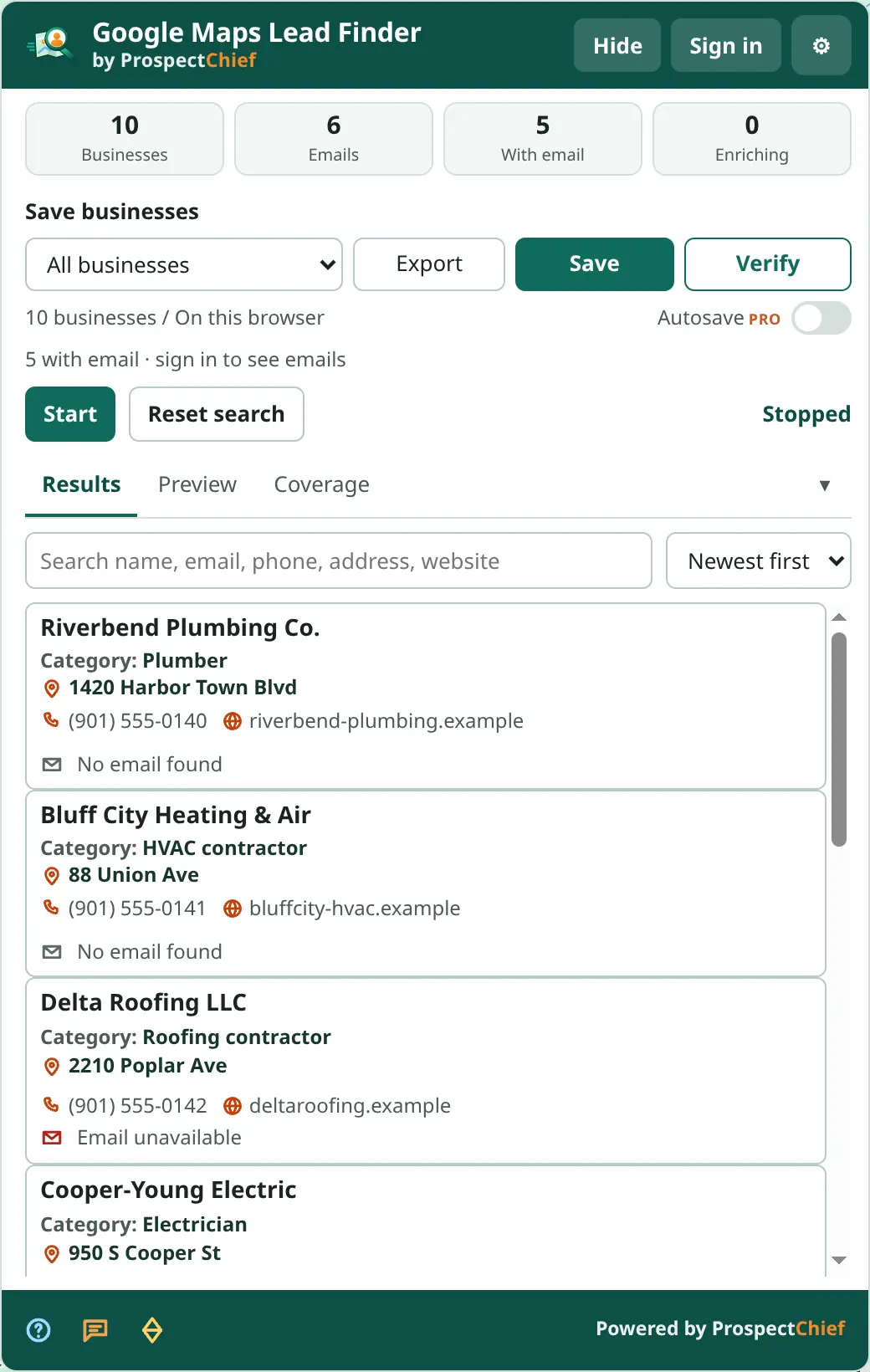 Google Maps Lead Finder panel after a capture: 10 businesses, 6 emails, Save, Export and Verify controls, Start and Reset search, and a results list of example local businesses.